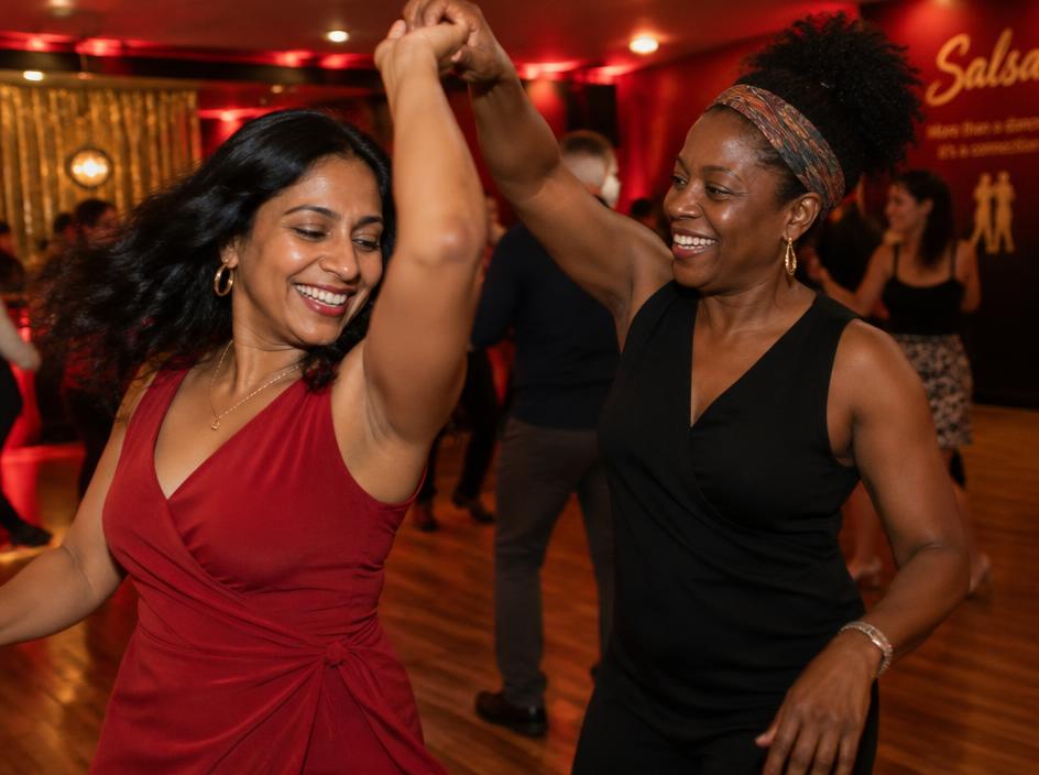 Two women laughing at a salsa class date
